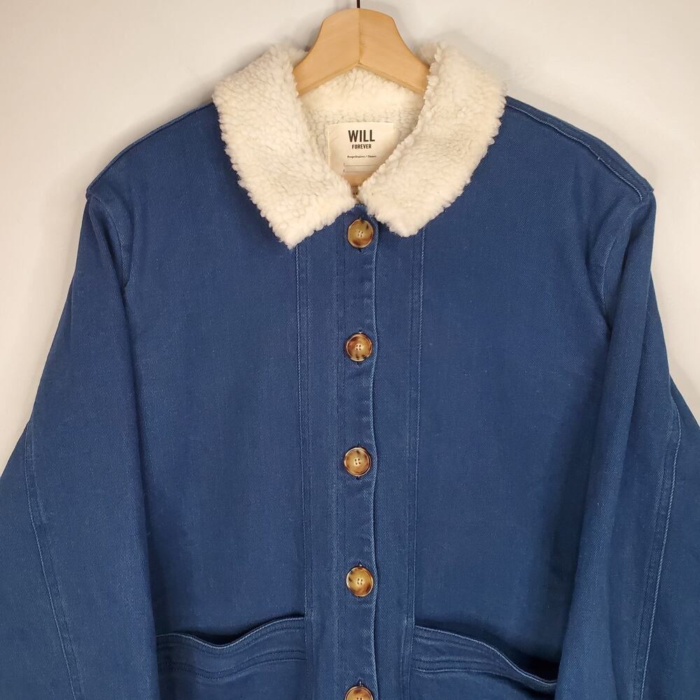Sezane Will Forever Jean Jacket Indigo Blue Denim Sherpa Oversized Size XXL - Picture 5 of 9